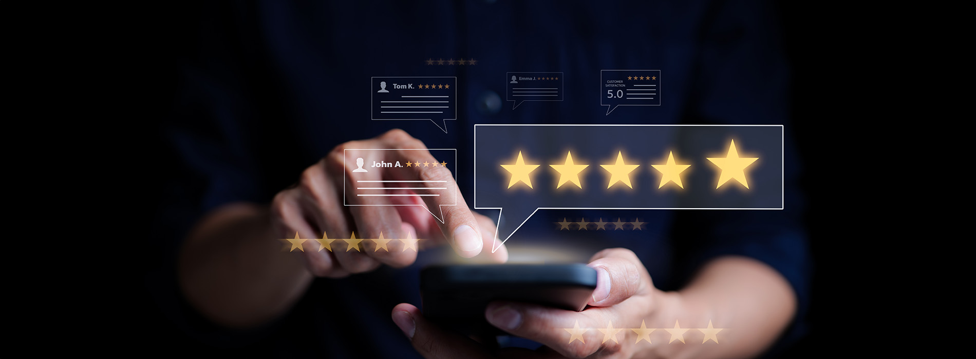 The image shows a person s hand holding a smartphone with a digital display featuring five stars, and there are additional graphical elements such as a barcode scanner and a social media interface with thumbs-up icons. The background is blurred but suggests a modern, possibly urban setting.